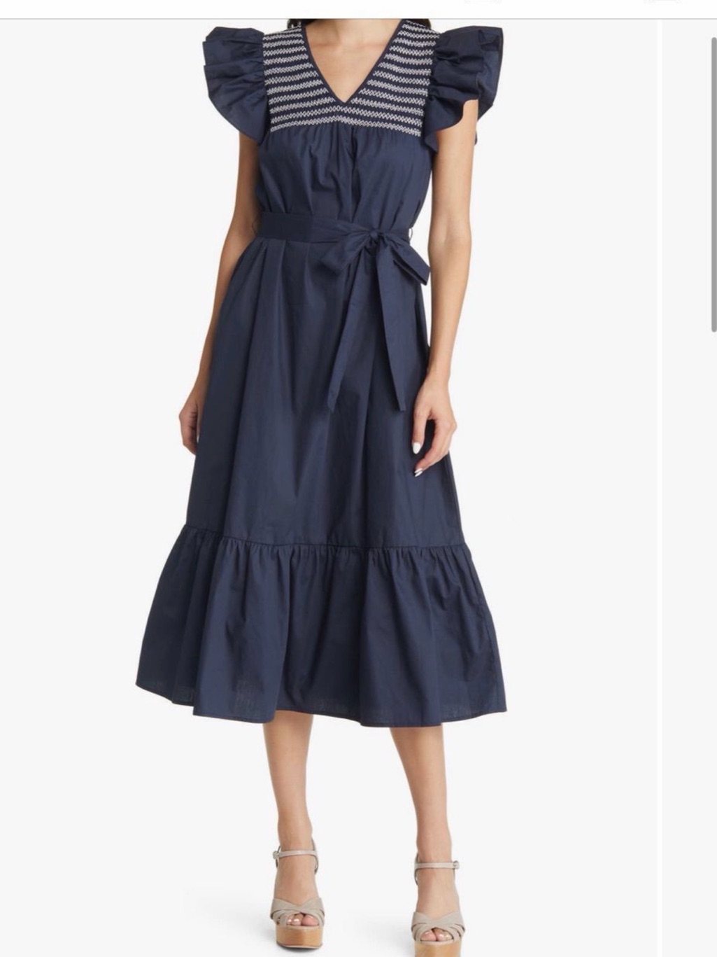 Moon River Navy Vneck Tiewaist Midi Dress With Smocked Yoke Call Out, String